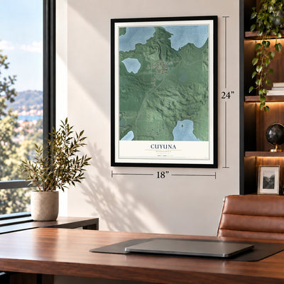 Cuyuna, Minnesota map, 18 x 24 inch print in a black frame in a home office