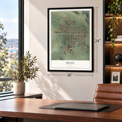 Iraan, Texas map, 18 x 24 inch print in a black frame in a home office