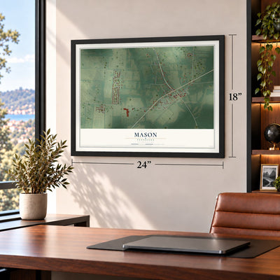 Mason, Tennessee map, 18 x 24 inch print in a black frame in a home office