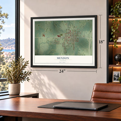 Mendon, Illinois map, 18 x 24 inch print in a black frame in a home office
