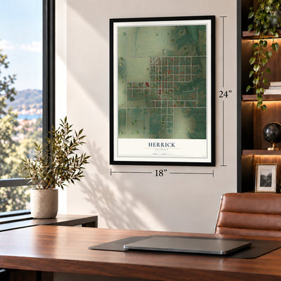Herrick, Illinois map, 18 x 24 inch print in a black frame in a home office