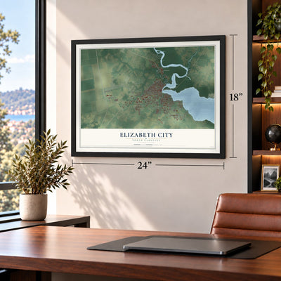 Elizabeth City, North Carolina map, 18 x 24 inch print in a black frame in a home office