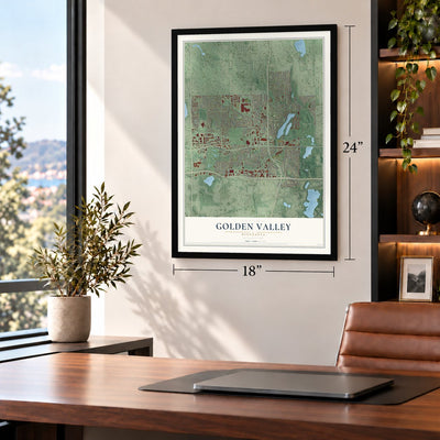 Golden Valley, Minnesota map, 18 x 24 inch print in a black frame in a home office