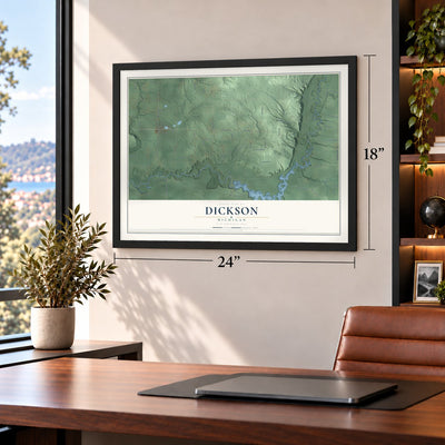 Dickson, Michigan map, 18 x 24 inch print in a black frame in a home office