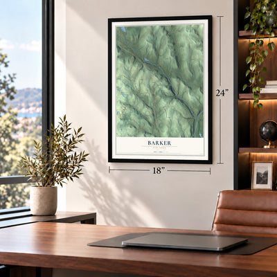 Barker, New York map, 18 x 24 inch print in a black frame in a home office