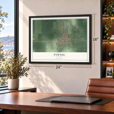 Pawnee, Illinois map, 18 x 24 inch print in a black frame in a home office