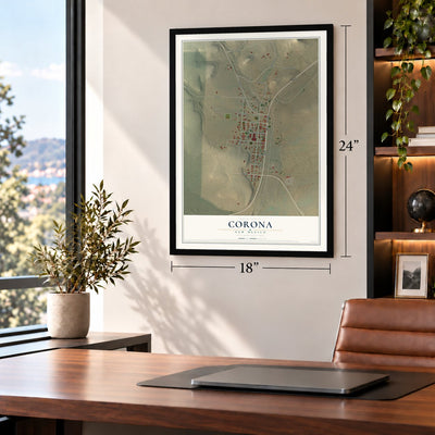 Corona, New Mexico map, 18 x 24 inch print in a black frame in a home office