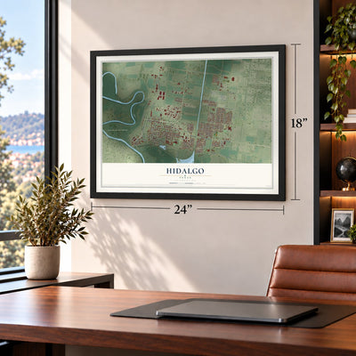 Hidalgo, Texas map, 18 x 24 inch print in a black frame in a home office