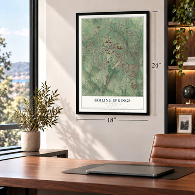 Boiling Springs, South Carolina map, 18 x 24 inch print in a black frame in a home office