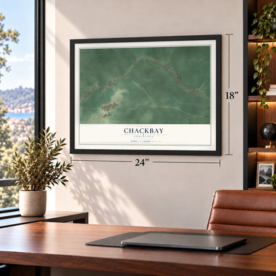 Chackbay, Louisiana map, 18 x 24 inch print in a black frame in a home office