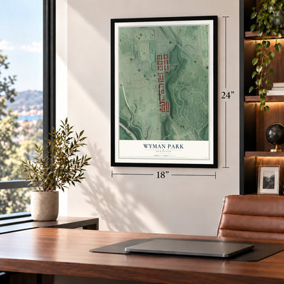 Wyman Park, Maryland map, 18 x 24 inch print in a black frame in a home office