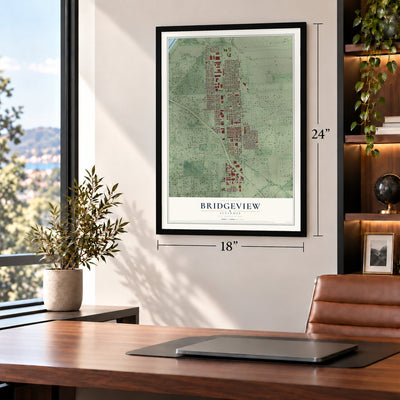 Bridgeview, Illinois map, 18 x 24 inch print in a black frame in a home office