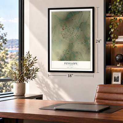 Penelope, Texas map, 18 x 24 inch print in a black frame in a home office
