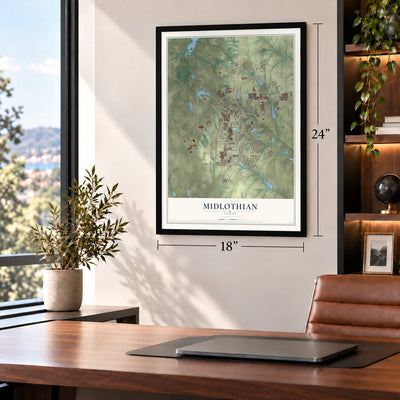 Midlothian, Texas map, 18 x 24 inch print in a black frame in a home office