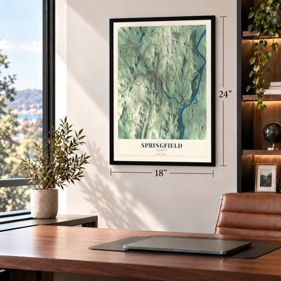 Springfield, Vermont map, 18 x 24 inch print in a black frame in a home office