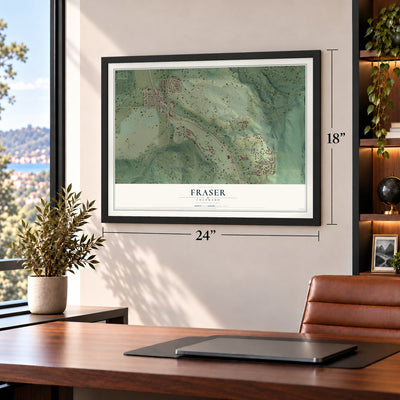 Fraser, Colorado map, 18 x 24 inch print in a black frame in a home office
