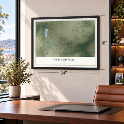 Neylandville, Texas map, 18 x 24 inch print in a black frame in a home office