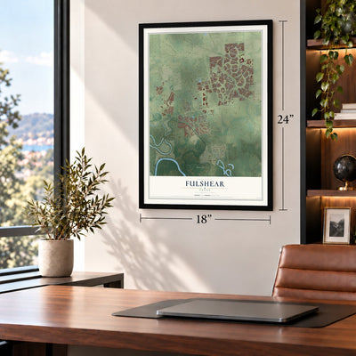 Fulshear, Texas map, 18 x 24 inch print in a black frame in a home office