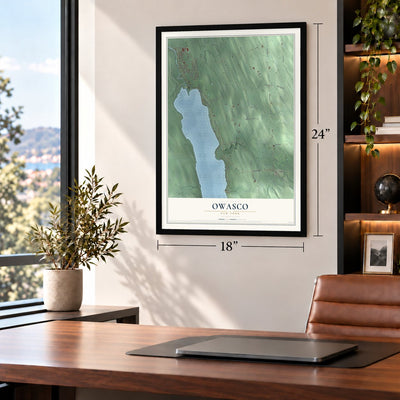 Owasco, New York map, 18 x 24 inch print in a black frame in a home office