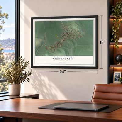 Central City, Pennsylvania map, 18 x 24 inch print in a black frame in a home office
