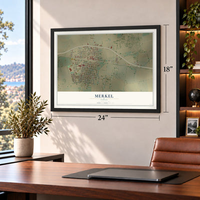 Merkel, Texas map, 18 x 24 inch print in a black frame in a home office