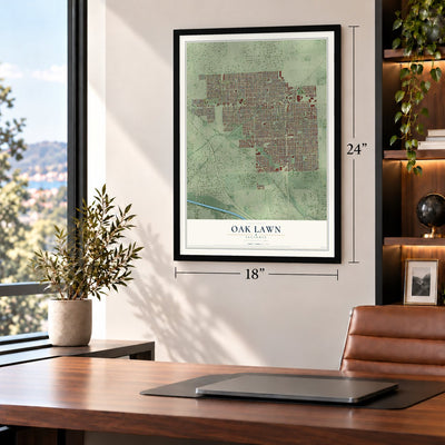 Oak Lawn, Illinois map, 18 x 24 inch print in a black frame in a home office