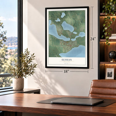 Elysian, Minnesota map, 18 x 24 inch print in a black frame in a home office