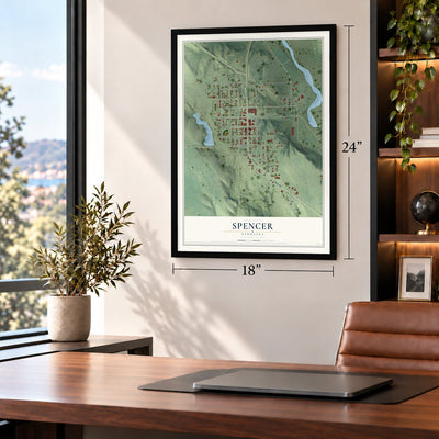 Spencer, Nebraska map, 18 x 24 inch print in a black frame in a home office