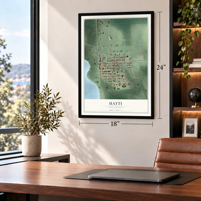 Hayti, South Dakota map, 18 x 24 inch print in a black frame in a home office