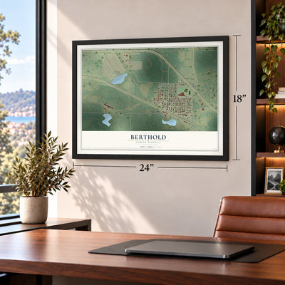 Berthold, North Dakota map, 18 x 24 inch print in a black frame in a home office