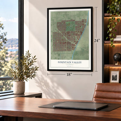 Fountain Valley, California map, 18 x 24 inch print in a black frame in a home office