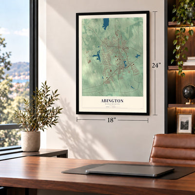 Abington, Massachusetts map, 18 x 24 inch print in a black frame in a home office