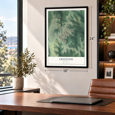 Crestview, Kentucky map, 18 x 24 inch print in a black frame in a home office