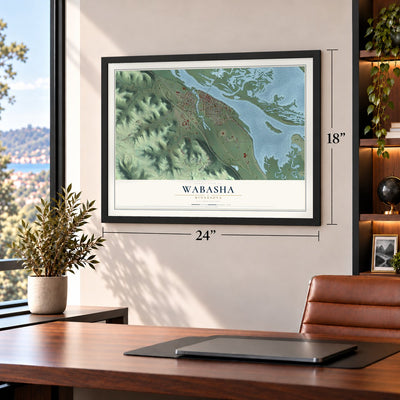 Wabasha, Minnesota map, 18 x 24 inch print in a black frame in a home office