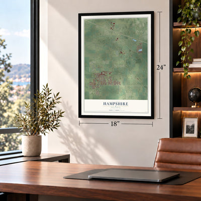 Hampshire, Illinois map, 18 x 24 inch print in a black frame in a home office