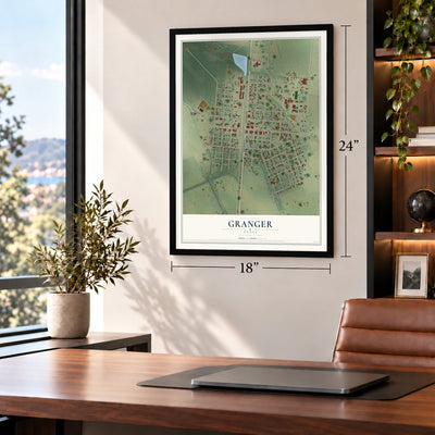 Granger, Texas map, 18 x 24 inch print in a black frame in a home office