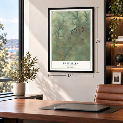 East Allen, Pennsylvania map, 18 x 24 inch print in a black frame in a home office