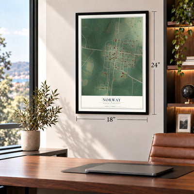 Norway, South Carolina map, 18 x 24 inch print in a black frame in a home office