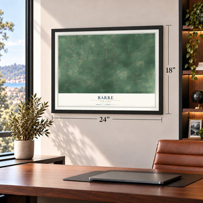 Barre, New York map, 18 x 24 inch print in a black frame in a home office