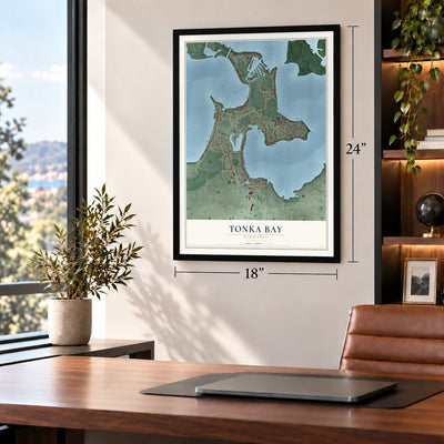 Tonka Bay, Minnesota map, 18 x 24 inch print in a black frame in a home office