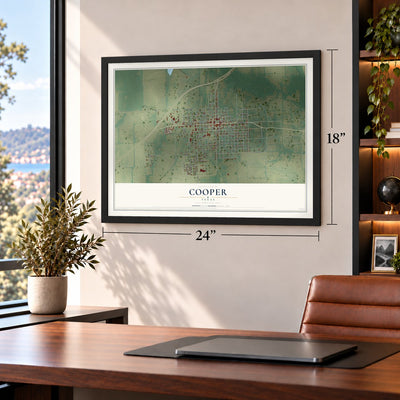 Cooper, Texas map, 18 x 24 inch print in a black frame in a home office