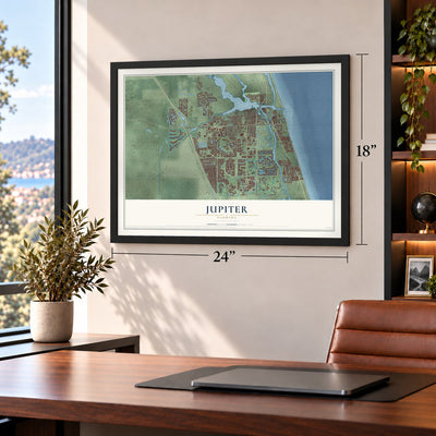 Jupiter, Florida map, 18 x 24 inch print in a black frame in a home office