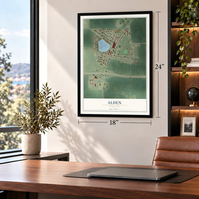 Alden, Minnesota map, 18 x 24 inch print in a black frame in a home office