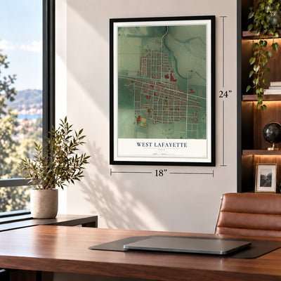 West Lafayette, Ohio map, 18 x 24 inch print in a black frame in a home office