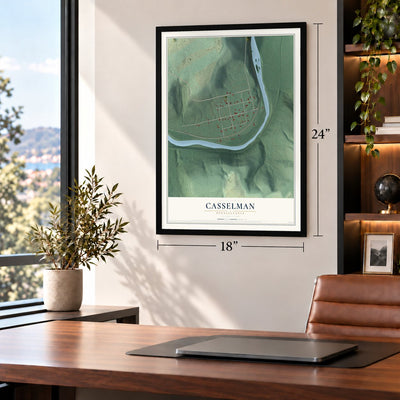 Casselman, Pennsylvania map, 18 x 24 inch print in a black frame in a home office