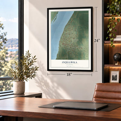 Oquawka, Illinois map, 18 x 24 inch print in a black frame in a home office