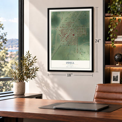Odell, Illinois map, 18 x 24 inch print in a black frame in a home office