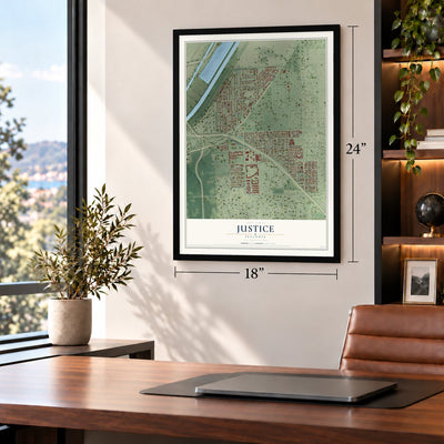 Justice, Illinois map, 18 x 24 inch print in a black frame in a home office