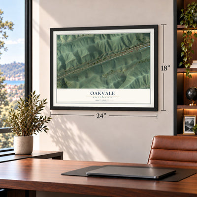 Oakvale, West Virginia map, 18 x 24 inch print in a black frame in a home office