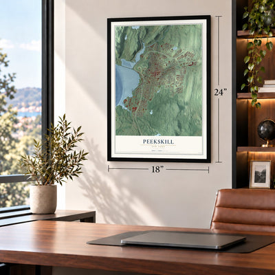 Peekskill, New York map, 18 x 24 inch print in a black frame in a home office